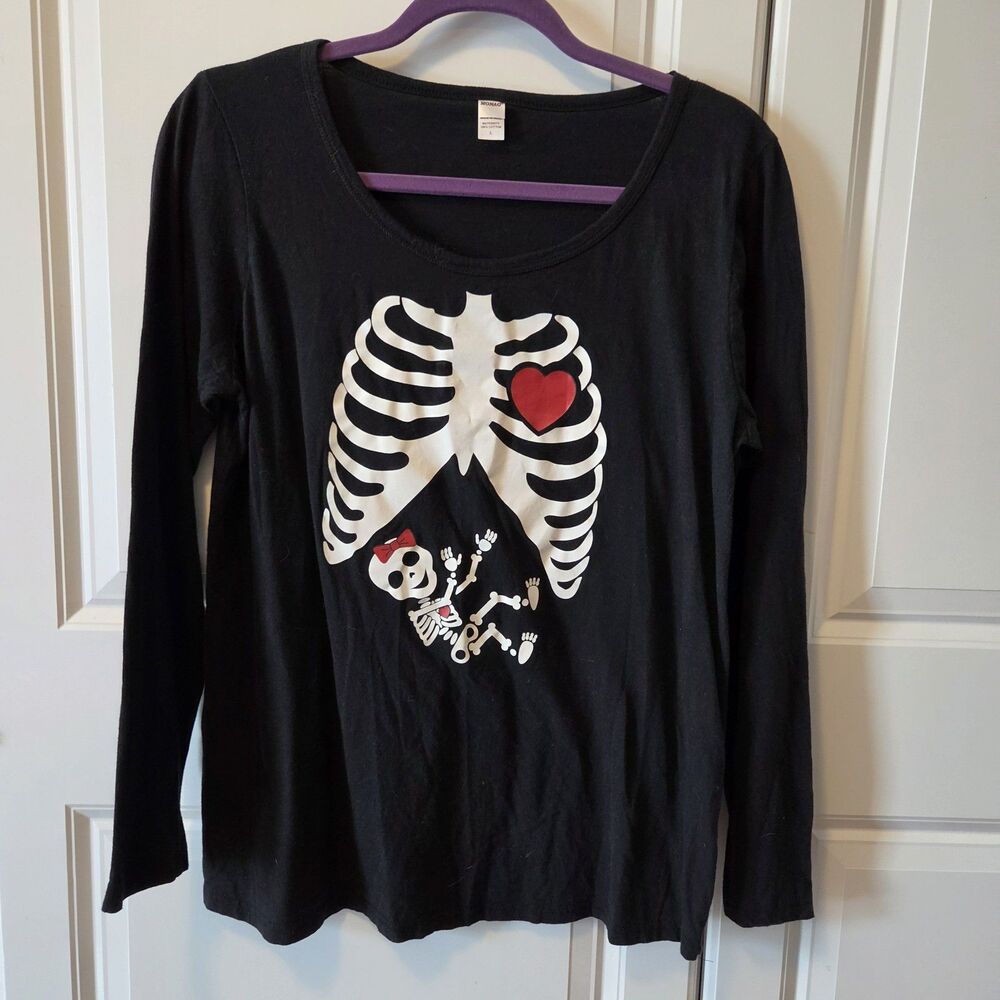 Black Pregnant Skeleton LS T-shirt Womens Maternity Size Large